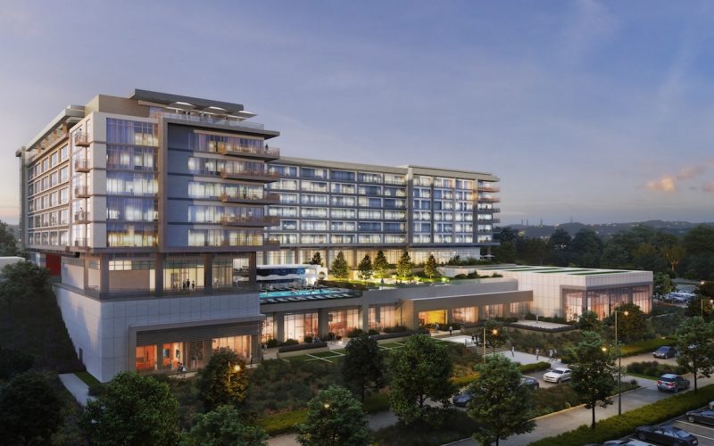 Hotel Polaris exterior at dusk